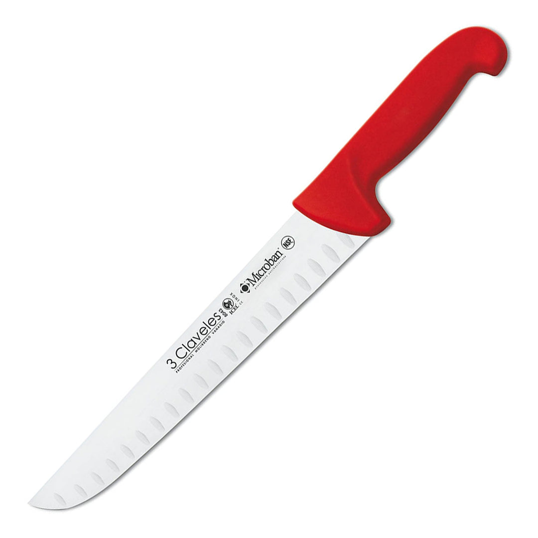 3 Claveles Proflex - Cuchillo Profesional Carnicero Alveolado 26 cm Microban. Rojo