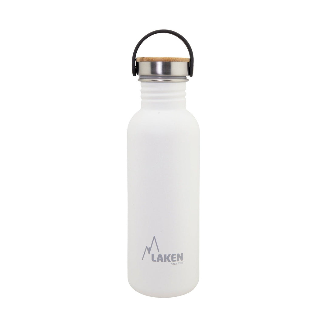 LAKEN Basic Steel Bambú - Botella de Agua 0.75L en Acero Inoxidable con Asa. Blanco