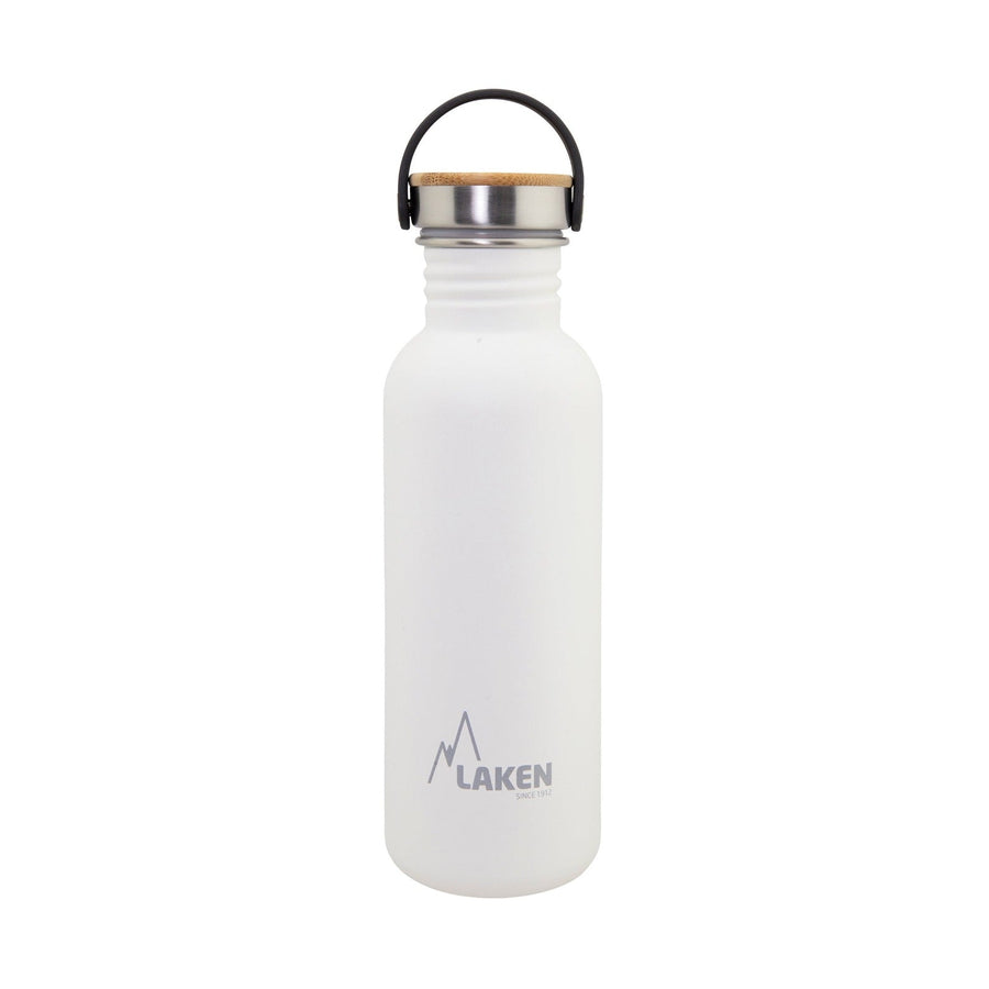 LAKEN Basic Steel Bambú - Botella de Agua 0.75L en Acero Inoxidable con Asa. Blanco