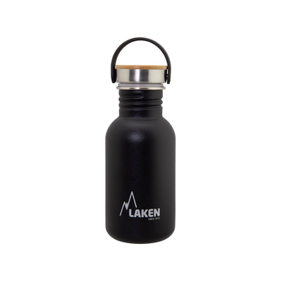 LAKEN Basic Steel Bambú - Botella de Agua 0.5L en Acero Inoxidable con Asa. Negro