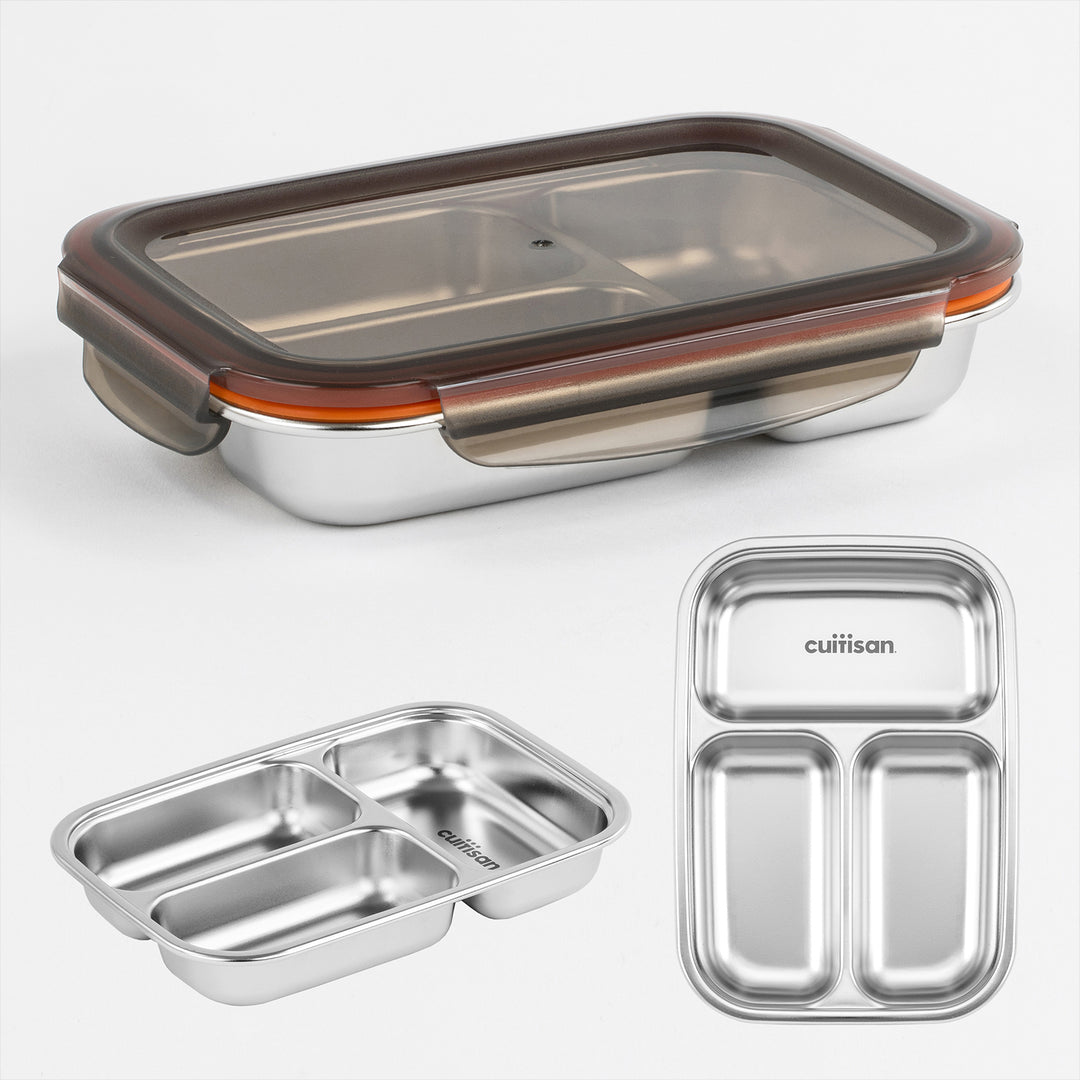 Cuitisan To Go - Recipiente Rectangular de 0.56L con 3 Compartimentos en Acero Apto Microondas