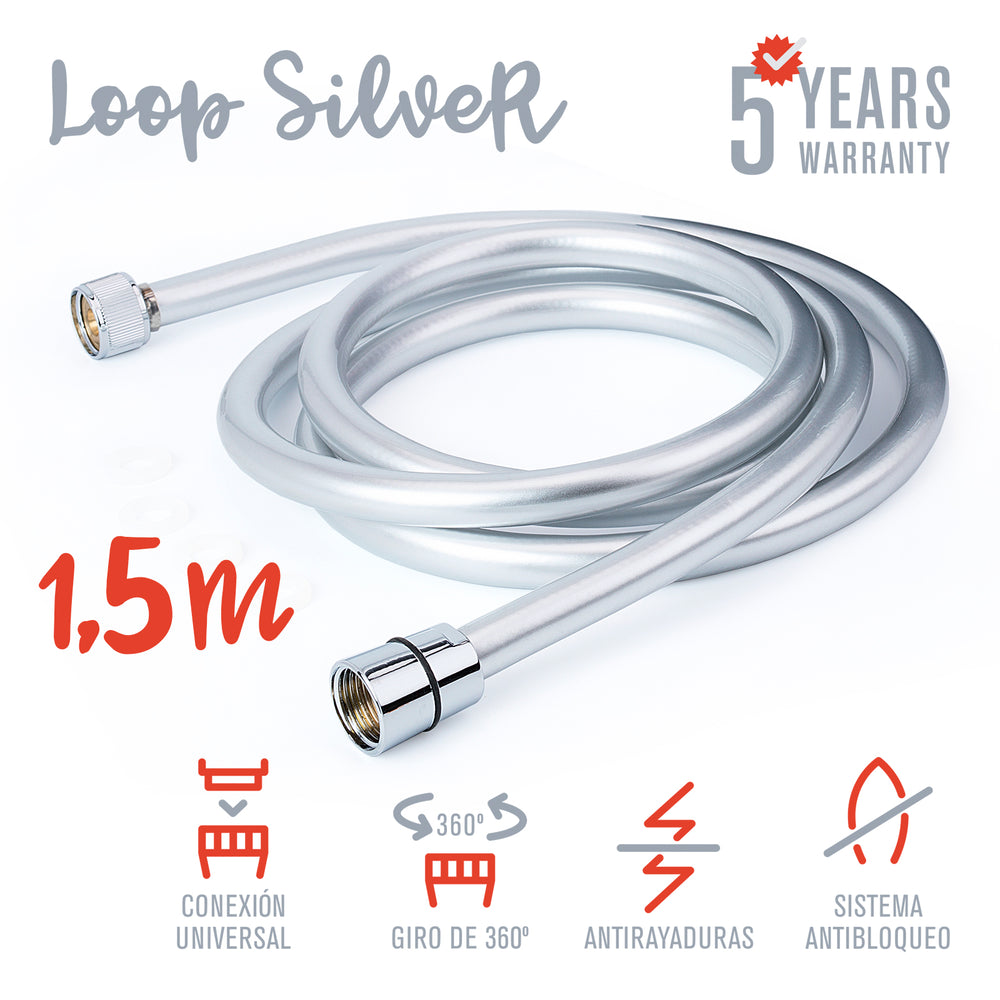 TATAY Loop Silver - Flexo de Ducha Anti-torsión y Anti-cal en PVC de 1.5 m. Gris Satinado