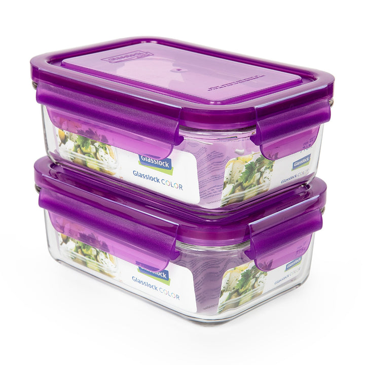 Glasslock Colors - Set de 2 Recipientes Rectangulares de 715 ml en Vidrio Templado. Morado