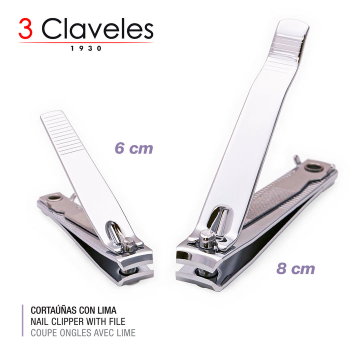 3 Claveles - Lote 2 Cortauñas Cromados con Lima Para Manos y Pies. Acabado Metálico, 8 cm