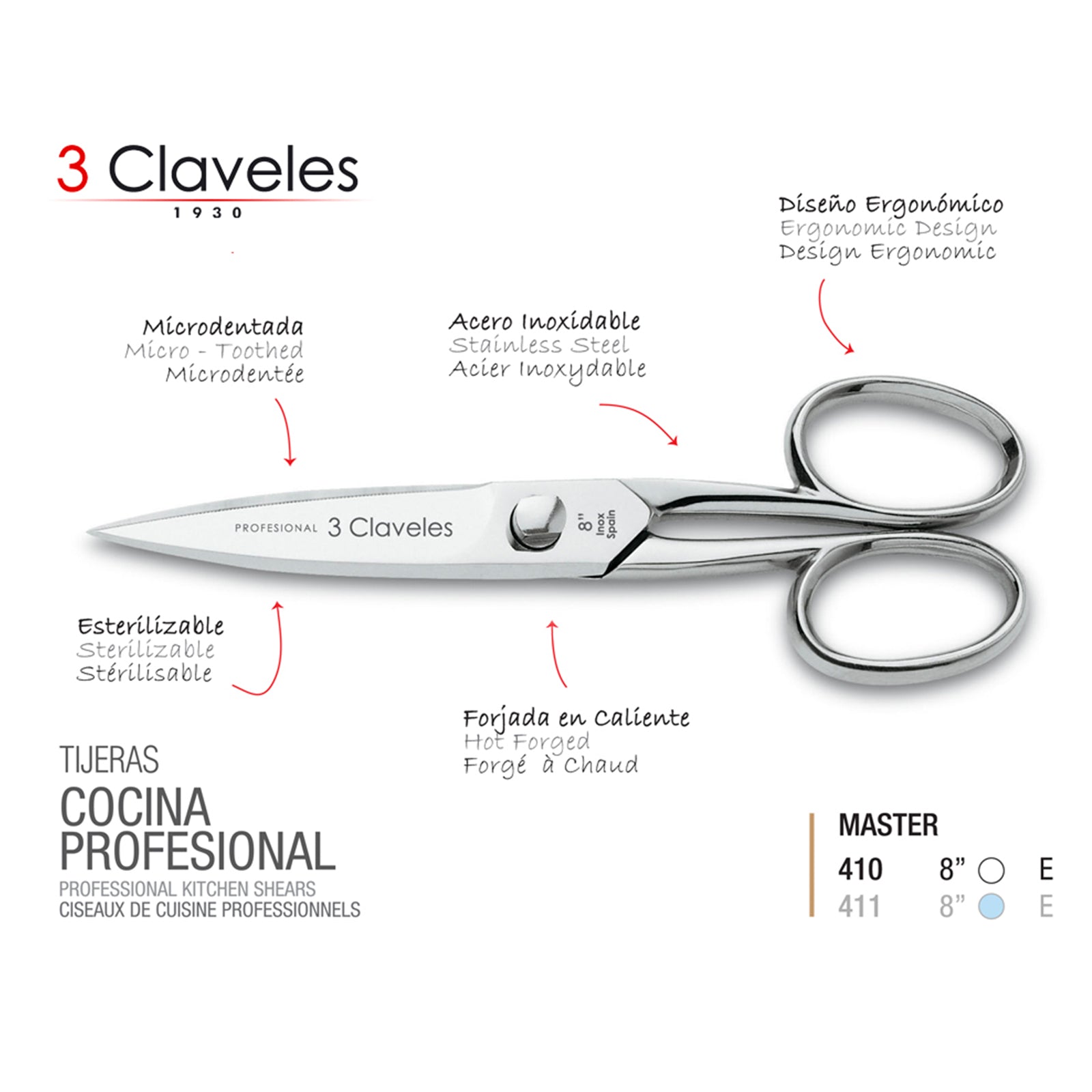 3 Claveles Master - Tijeras de Cocina Profesionales de 8" 20 cm, Acero Forjado en Caliente
