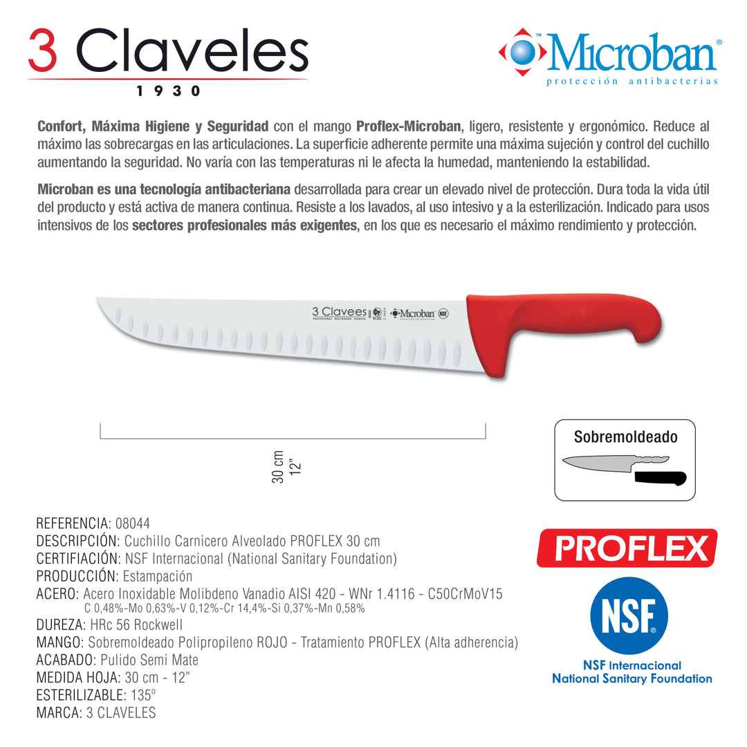 3 Claveles Proflex - Cuchillo Profesional Carnicero Alveolado 30 cm Microban. Rojo