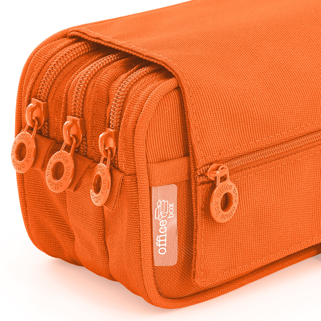 Estuche Escolar Triple Portatodo de Alta Capacidad con Tres Cremalleras. Naranja