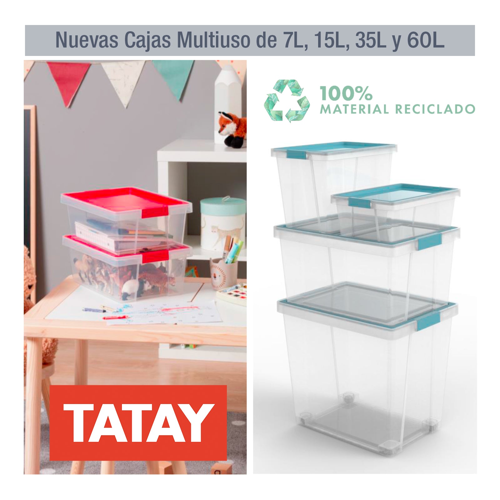 TATAY - Caja de Ordenación Multiusos 7L 100% Reciclable con Tapa Abatible. Negro