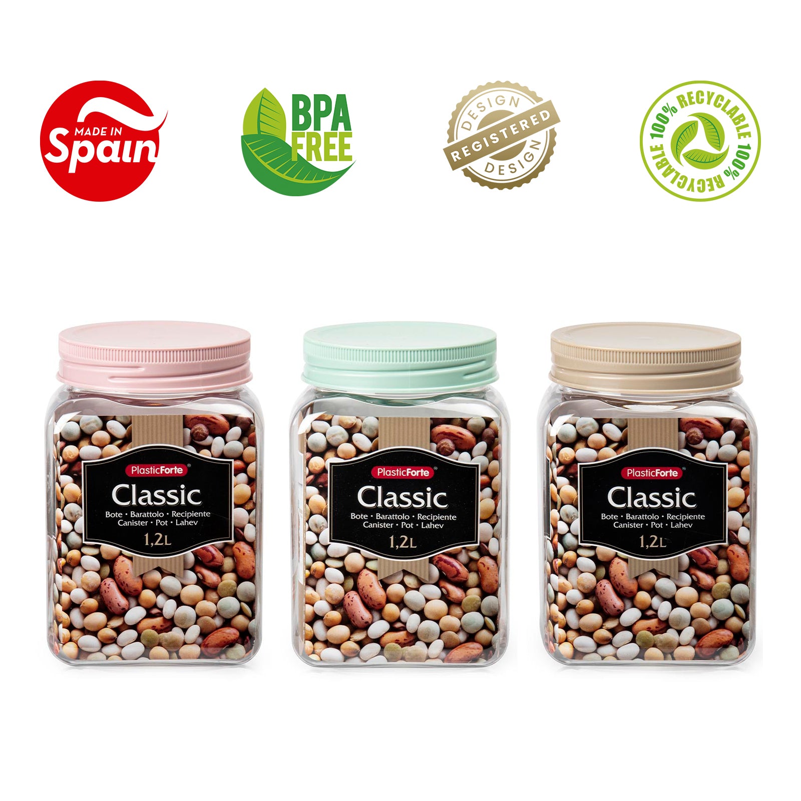 Plastic Forte - Juego de 4 Botes Classic Cuadrados 1.2L. Ideales Despensa. Rosa