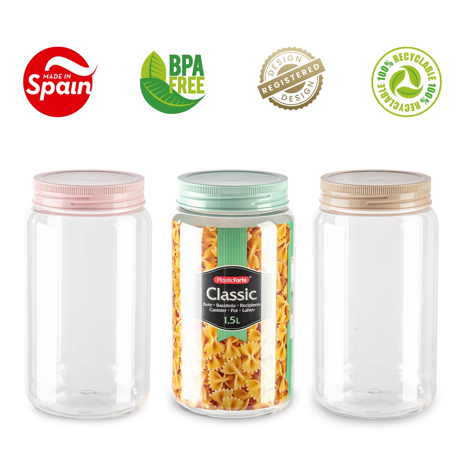 Plastic Forte - Juego de 4 Botes Classic Redondos 1.5L. Ideales Despensa. Marrón