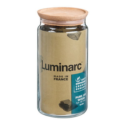 Luminarc Pure Jar - Bote Hermético Redondo de 1.5L en Vidrio con Tapa de Madera