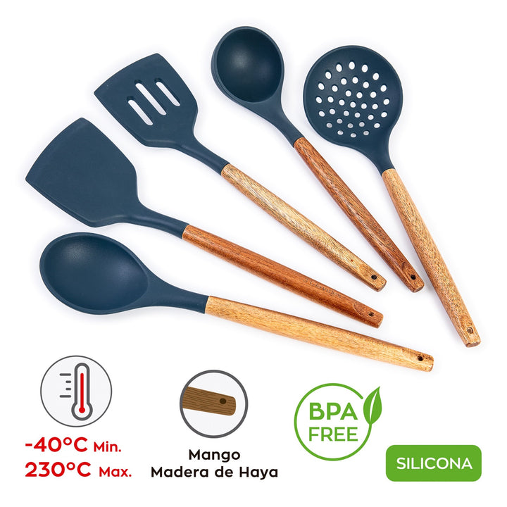 3 Claveles - Pack de 5 Utensilios de Cocina en Silicona con Mango de Madera de Haya