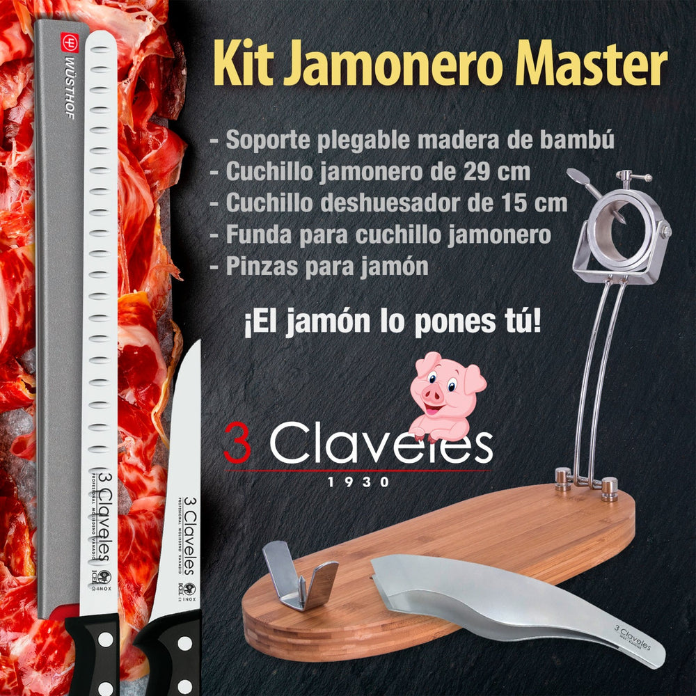 3 Claveles - Kit Soporte Jamonero Profesional MASTER 01733 Plegable. Cuchillos y Pinzas