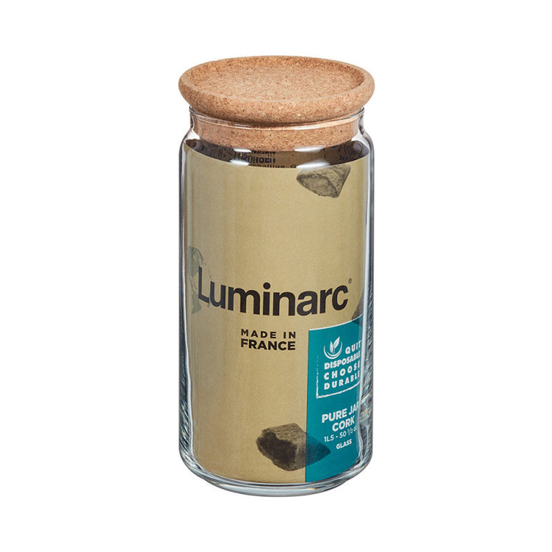 Luminarc Pure Jar - Bote Hermético Redondo de 1L en Vidrio con Tapa de Corcho