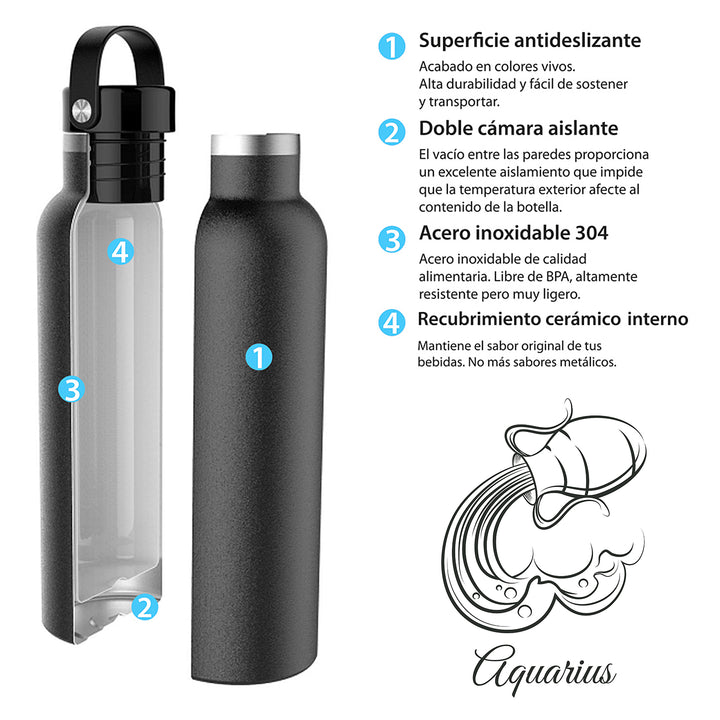 Runbott Zodiac - Botella Térmica Sport de 0.6L con Interior Cerámico. Acuario Lila