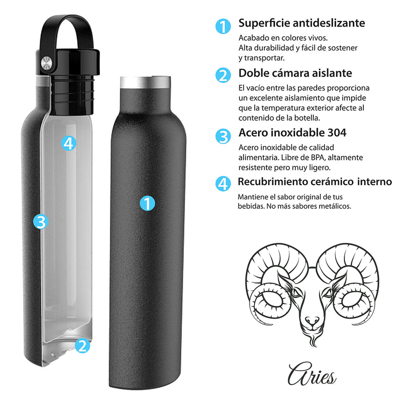 Runbott Zodiac - Botella Térmica Sport de 0.6L con Interior Cerámico. Aries Lila
