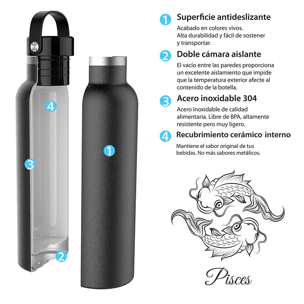 Runbott Zodiac - Botella Térmica Sport de 0.6L con Interior Cerámico. Piscis Lila