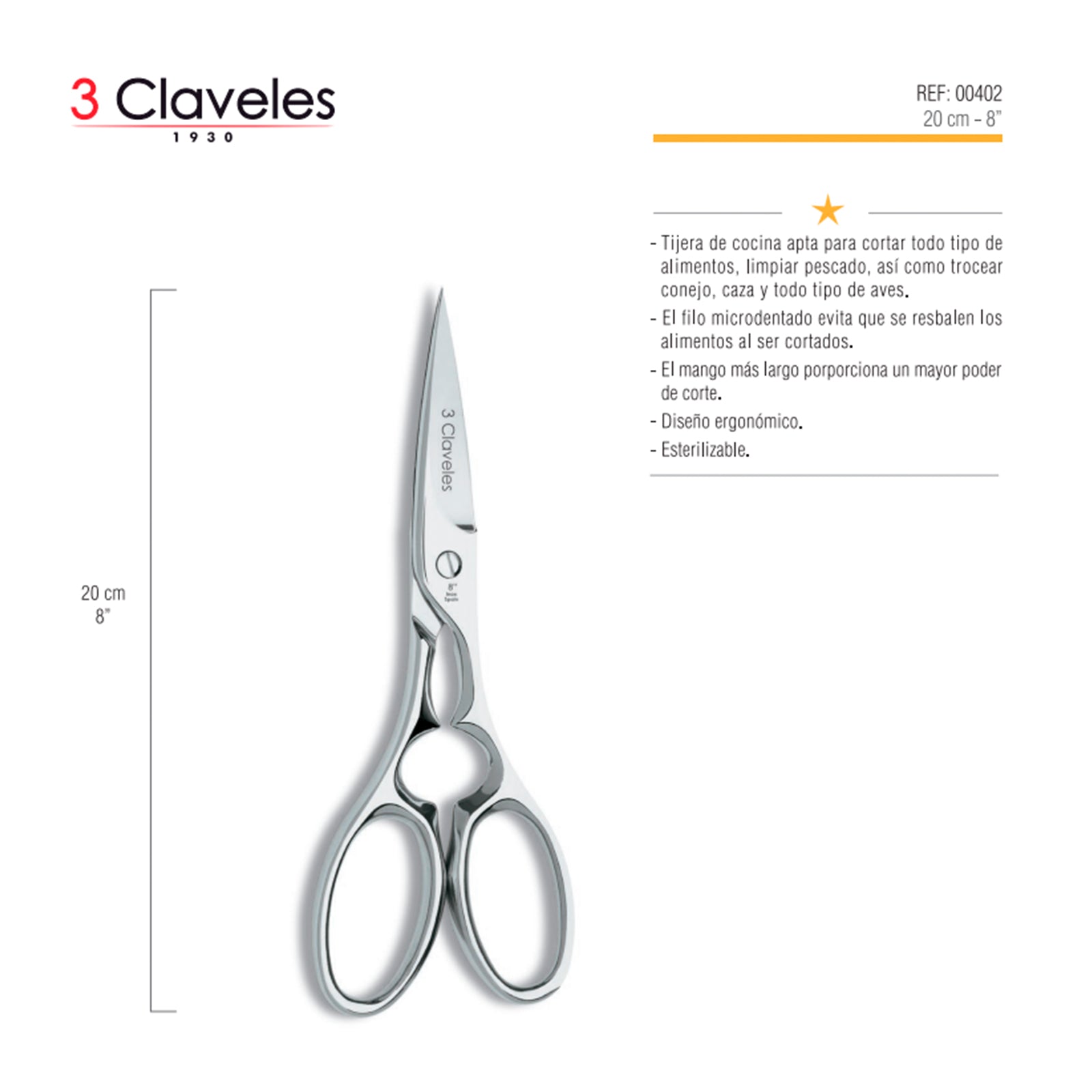 3 Claveles Star - Tijeras de Cocina Profesionales de 8" 20 cm, Acero Forjado en Caliente