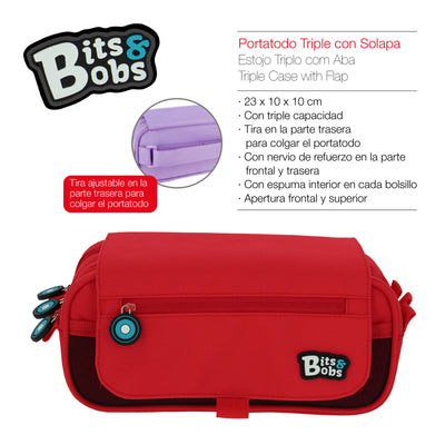 ColePack BitsBobs - Estuche Triple de 3 Cremalleras con Material Escolar Incluido. Rojo