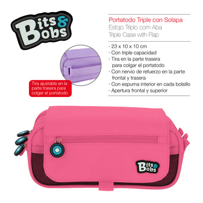 ColePack BitsBobs - Estuche Triple de 3 Cremalleras con Material Escolar Incluido. Rosa
