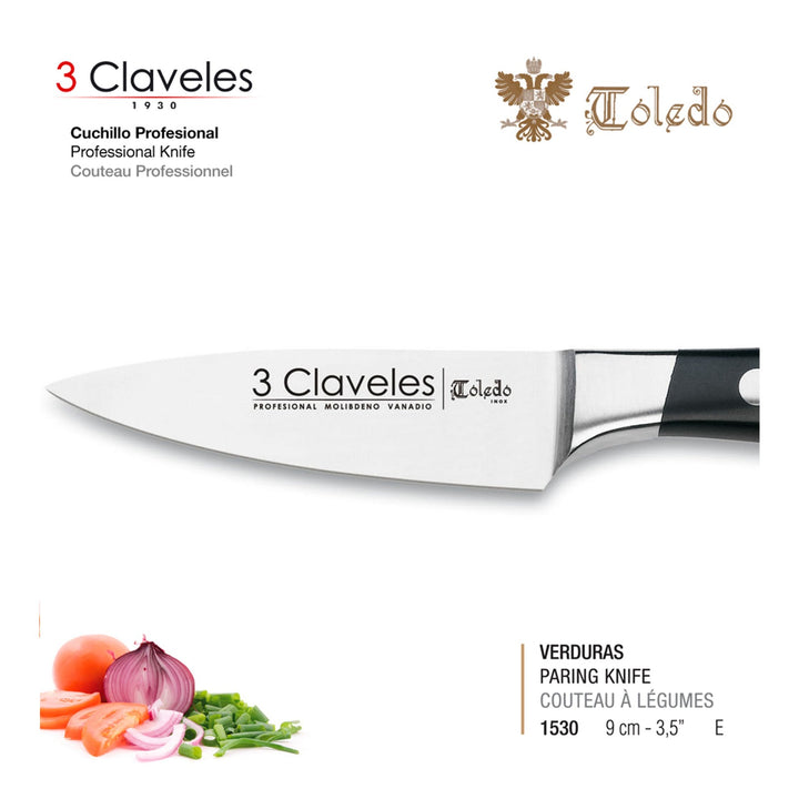 3 Claveles Toledo - Cuchillo Mondador Profesional 9 cm Acero Inoxidable