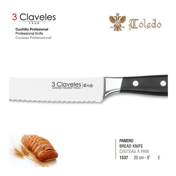 3 Claveles Toledo - Cuchillo de Panero Profesional 20 cm Acero Inoxidable