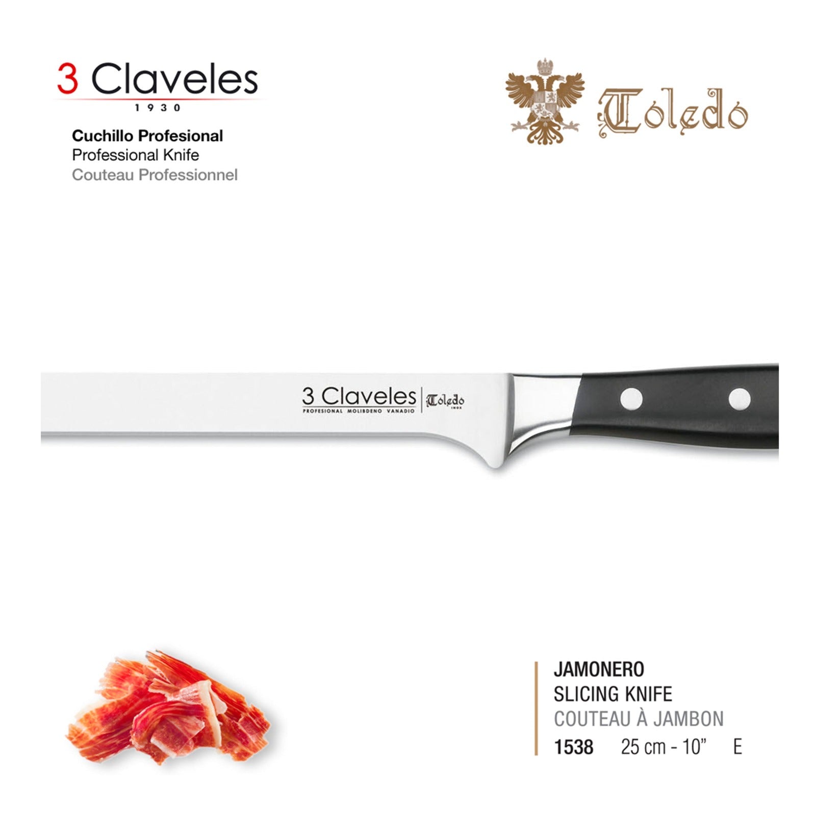 3 Claveles Toledo - Cuchillo Jamonero Profesional 25 cm Acero Inoxidab –  PracticDomus