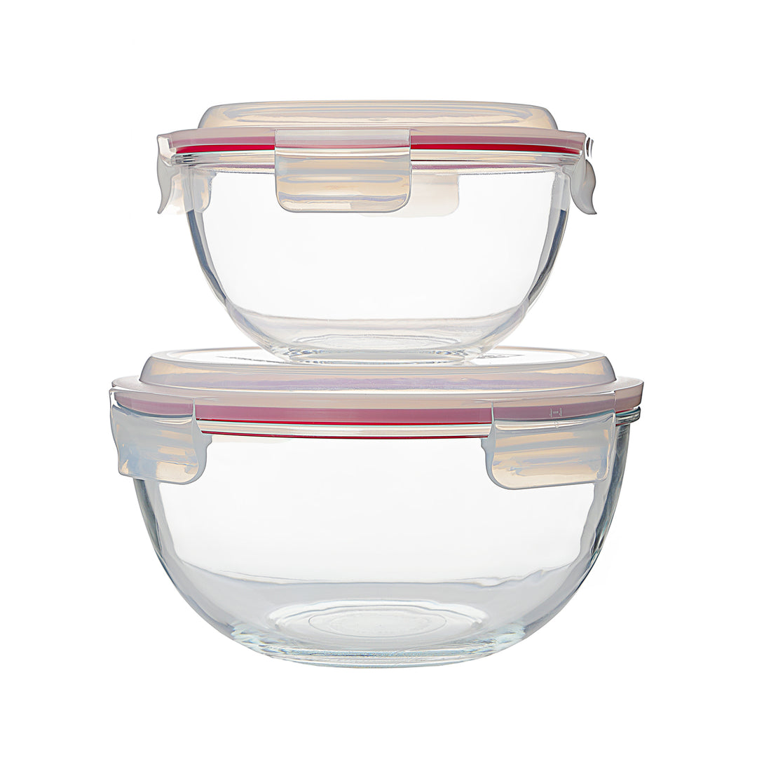 Glasslock Bowl - Set de 2 Ensaladeras Redondas con Tapa de 1L y 2L en Vidrio Templado