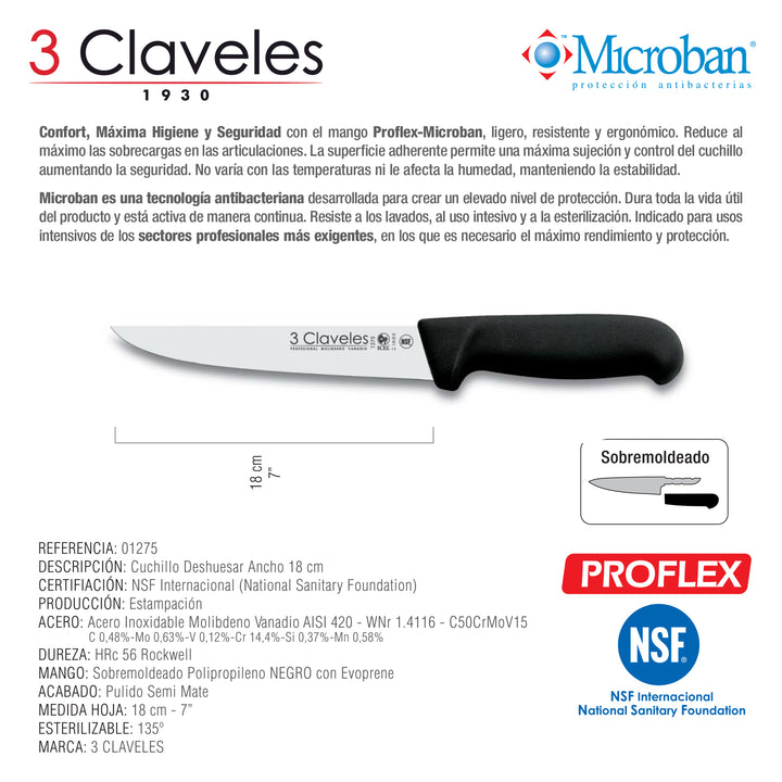 3 Claveles Proflex - Cuchillo Profesional Deshuesador Ancho 18 cm Microban. Negro