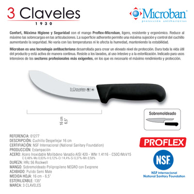 3 Claveles Proflex - Cuchillo Profesional para Despellejar Curvo 16 cm Microban. Negro