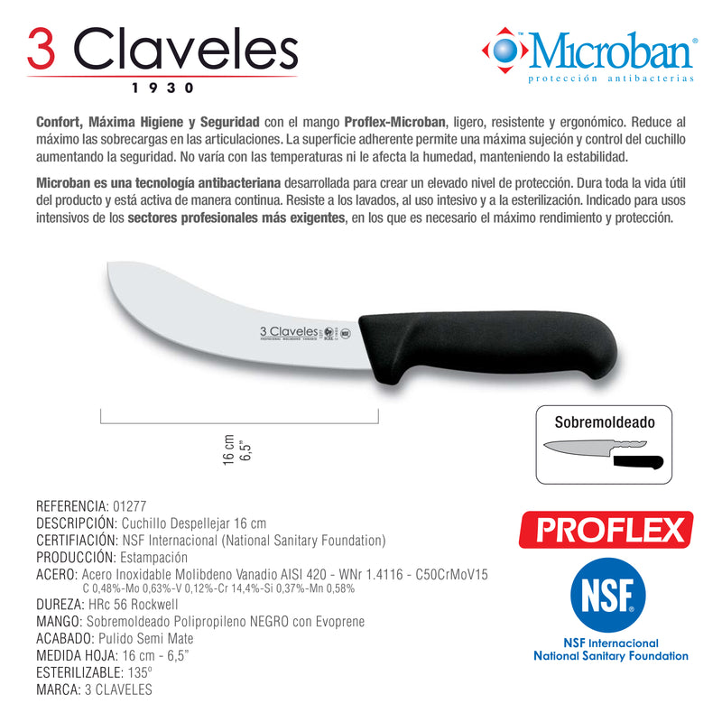 3 Claveles Proflex - Cuchillo Profesional para Despellejar Curvo 18 cm Microban. Negro