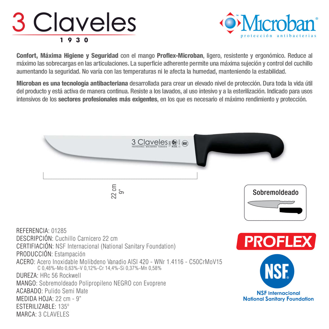 3 Claveles Proflex - Cuchillo Profesional Carnicero Ancho 22 cm Microban. Negro