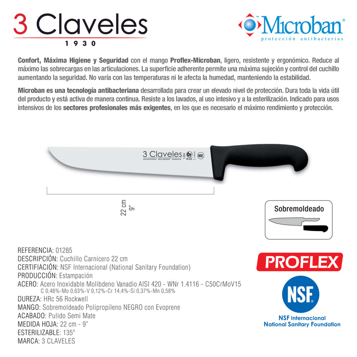 3 Claveles Proflex - Cuchillo Profesional Carnicero Ancho 22 cm Microban. Negro