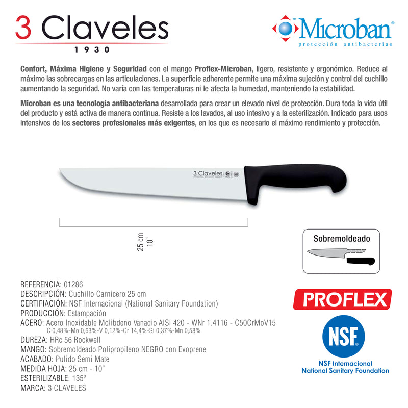 3 Claveles Proflex - Cuchillo Profesional Carnicero Ancho 25 cm Microban. Negro