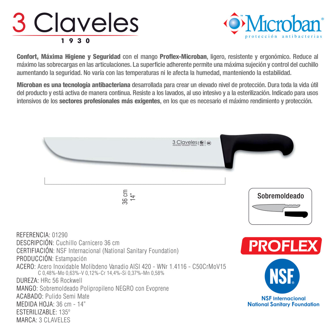 3 Claveles Proflex - Cuchillo Profesional Carnicero Ancho 36 cm Microban. Negro