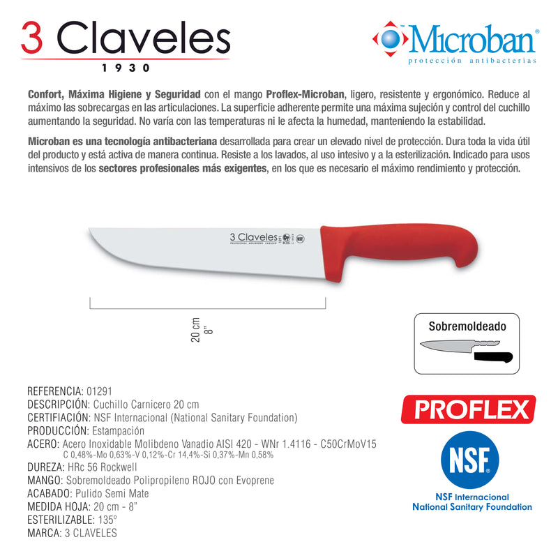 3 Claveles Proflex - Cuchillo Profesional Carnicero Ancho 20 cm Microban. Rojo
