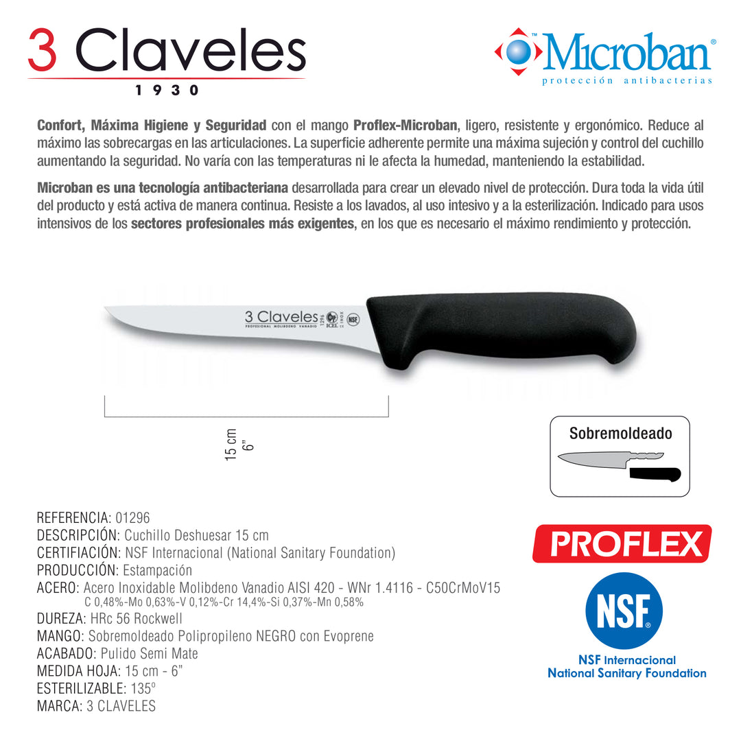 3 Claveles Proflex - Cuchillo Profesional Deshuesador Estrecho 15 cm Microban. Negro