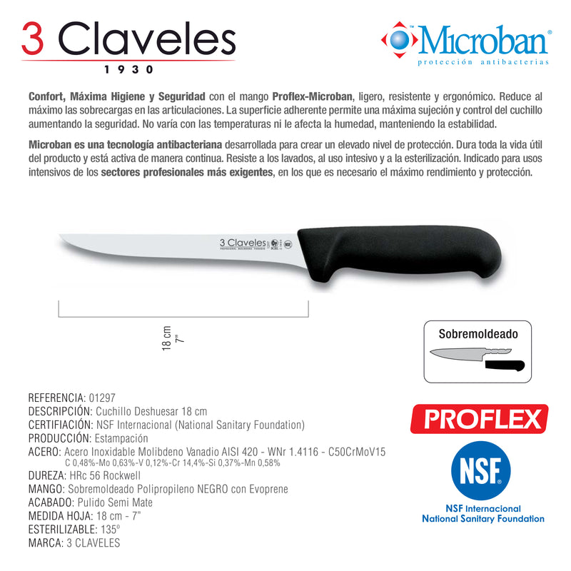 3 Claveles Proflex - Cuchillo Profesional Deshuesador Estrecho 18 cm Microban. Negro