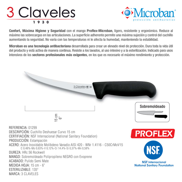 3 Claveles Proflex - Cuchillo Profesional Deshuesador Curvo 15 cm Microban. Negro