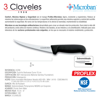3 Claveles Proflex - Cuchillo Profesional Deshuesador Curvo 15 cm Microban. Negro