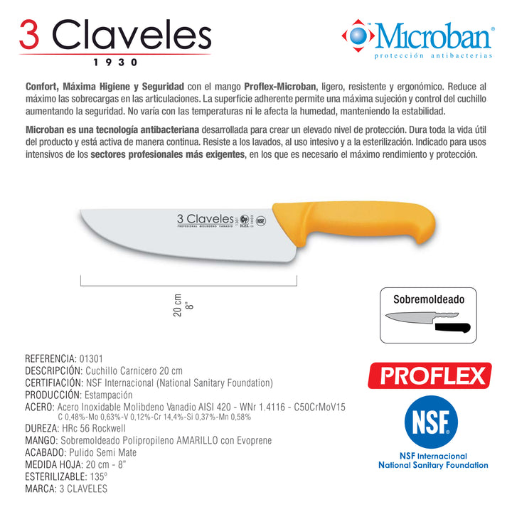 3 Claveles Proflex - Cuchillo Profesional Carnicero Ancho 20 cm Microban. Amarillo