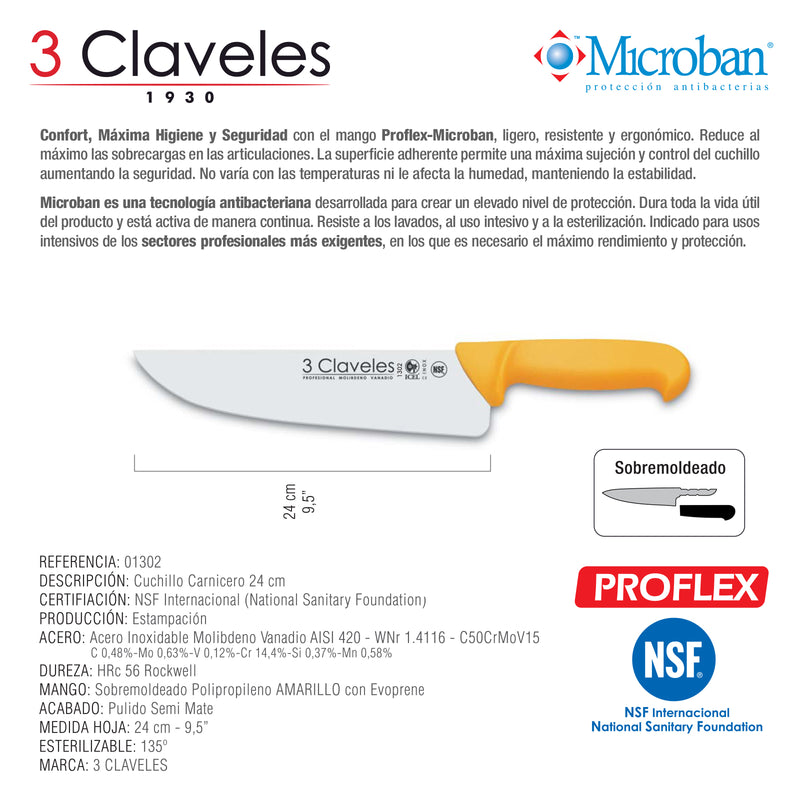 3 Claveles Proflex - Cuchillo Profesional Carnicero Ancho 24 cm Microban. Amarillo