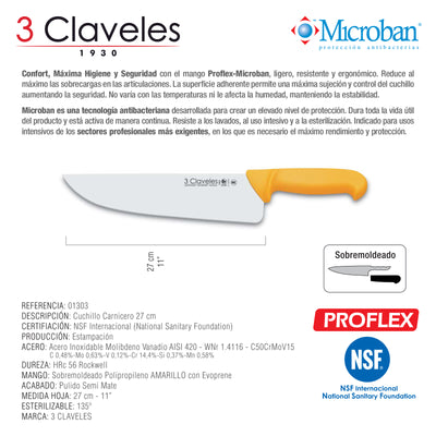 3 Claveles Proflex - Cuchillo Profesional Carnicero Ancho 27 cm Microban. Amarillo