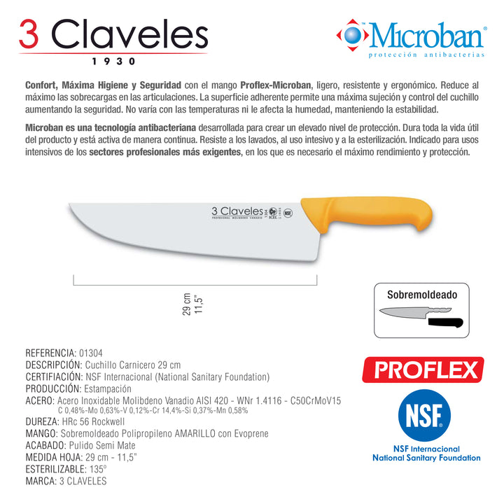 3 Claveles Proflex - Cuchillo Profesional Carnicero Ancho 29 cm Microban. Amarillo