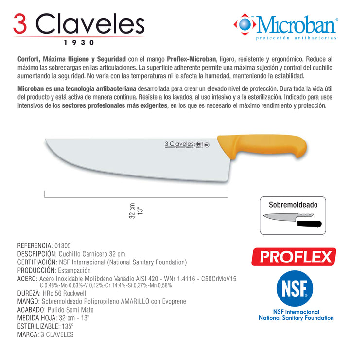 3 Claveles Proflex - Cuchillo Profesional Carnicero Ancho 32 cm Microban. Amarillo