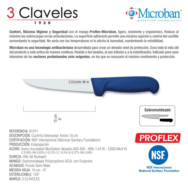 3 Claveles Proflex - Cuchillo Profesional Deshuesador Ancho 15 cm Microban. Azul