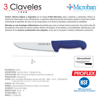 3 Claveles Proflex - Cuchillo Profesional para Carne-Pescado 20 cm Microban. Azul