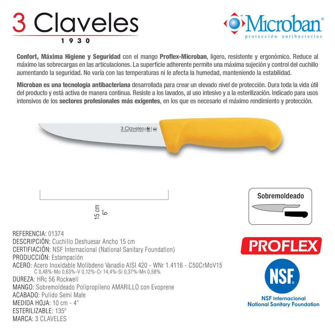 3 Claveles Proflex - Cuchillo Profesional Deshuesador Ancho 15 cm Microban. Amarillo