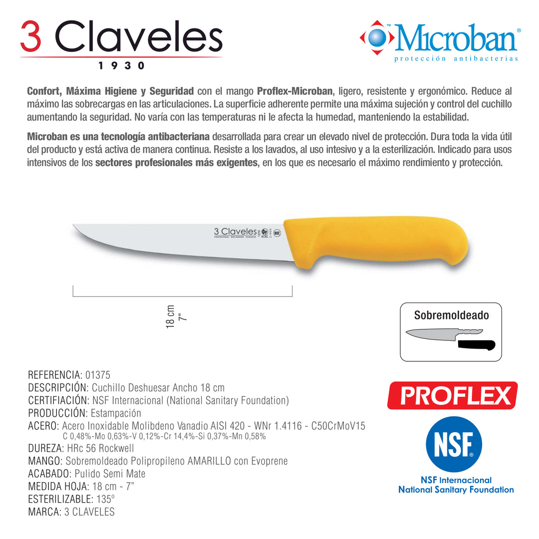 3 Claveles Proflex - Cuchillo Profesional Deshuesador Ancho 18 cm Microban. Amarillo