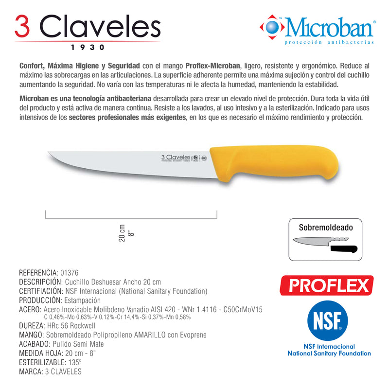 3 Claveles Proflex - Cuchillo Profesional Deshuesador 20 cm Microban. Amarillo